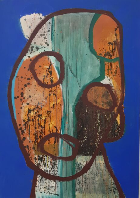 Abstrakte Malerei: Kopf  mit blauem Hintergrund